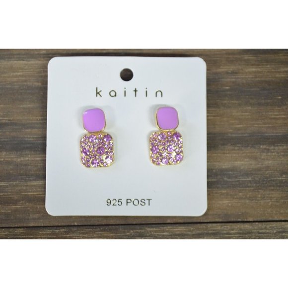 Kaitin 925 Post Earrings Purple Rhinestone Gold Tone Sterling Drop - Picture 1 of 4
